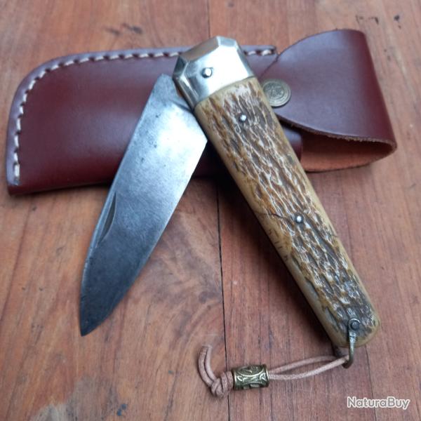 Ancien Gros Couteau de Chasse BOULEDOGUE  Manche en Bois de Cerf avec �tui en cuir