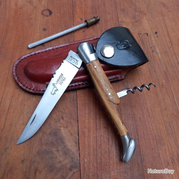 Magnifique Couteau R�gional LAGUIOLE MAKI 2 Pieces Manche en Bois avec �tui en cuir + Aiguiseur