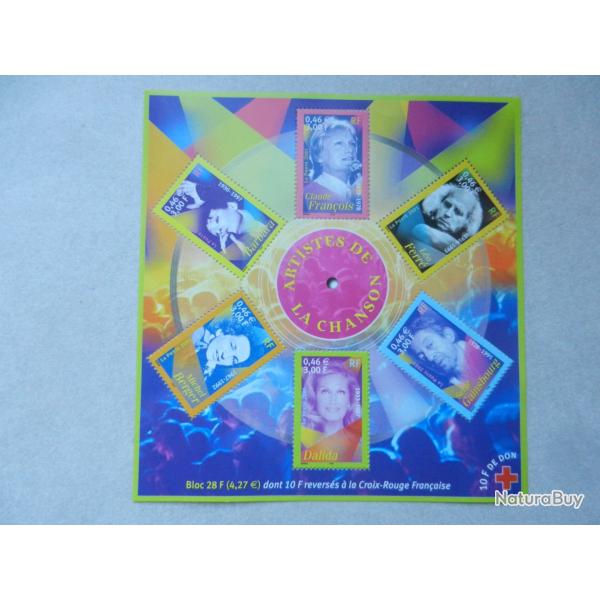 planche de 6 timbres 0,46 artistes de la chanson - 2001
