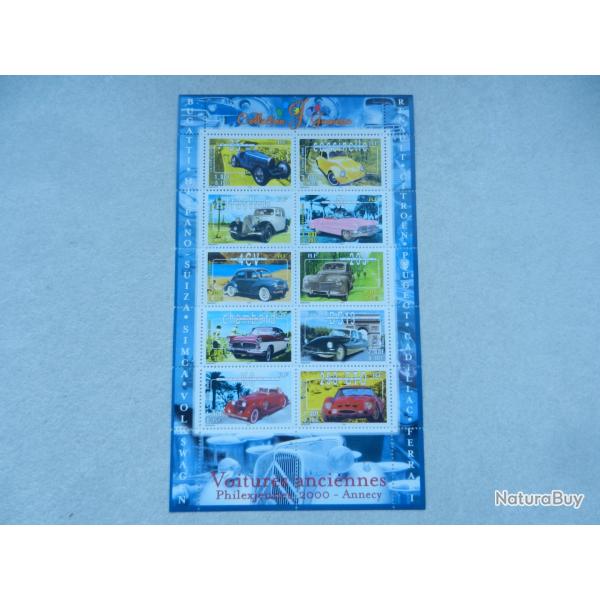 planche de 10 timbres voitures anciennes - Philexjeunes 2000 Annecy