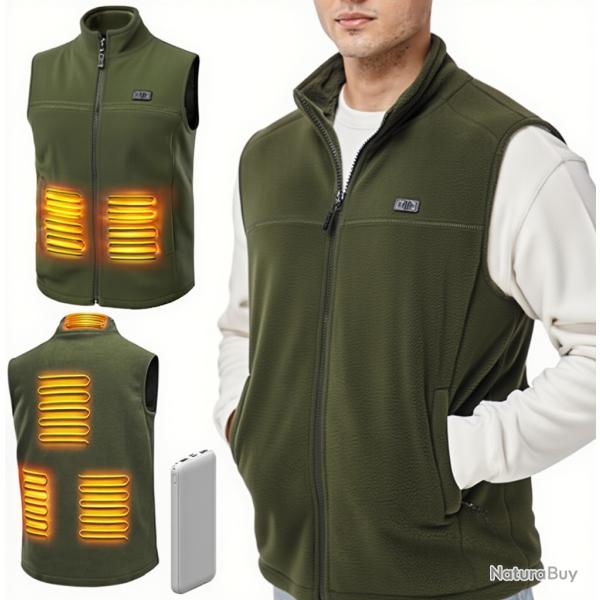 Gilet polaire chauffant 6 zones et 3 niveaux de chauffe - Batterie 10 000 mAh - Vert arme
