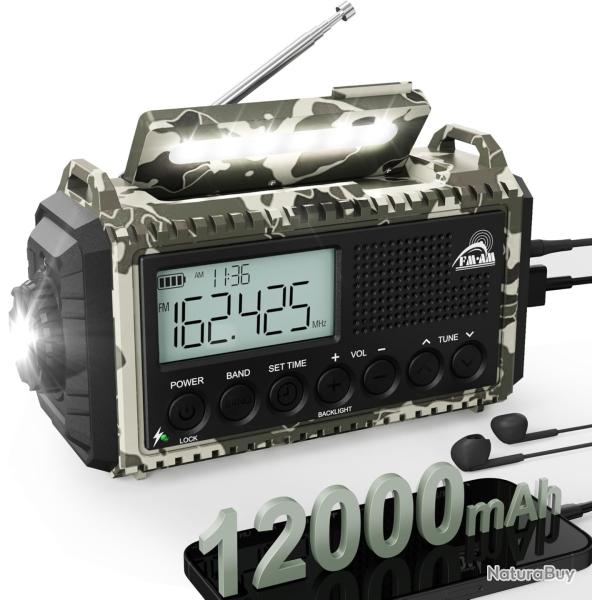 Radio Solaire Urgence SOS Batterie12000mAh Manivelle cran LCD Lampe Poche USB tanche IPX4 Portable