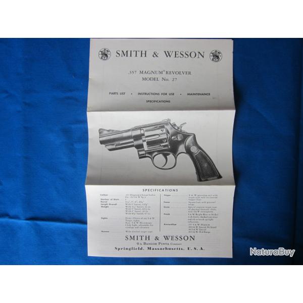 Notice papier d'origine - Ancienne notice SMITH & WESSON pour revolver mod�le 27
