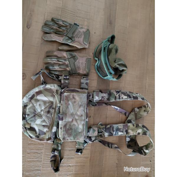 Gilet tactique chest rig airsoft + lunette de protection et paire de gant taille M