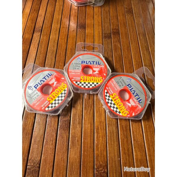 LOT P�CHE DESTOCKAGE 3 BOBINES PLATIL Nylon Platil Strong Brun 0,10 mm