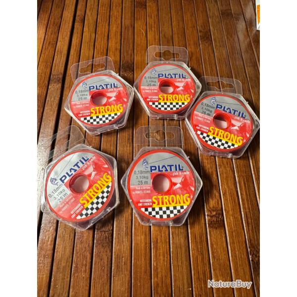 LOT P�CHE DESTOCKAGE 5 BOBINES PLATIL Nylon Platil Strong Brun 0,18 mm
