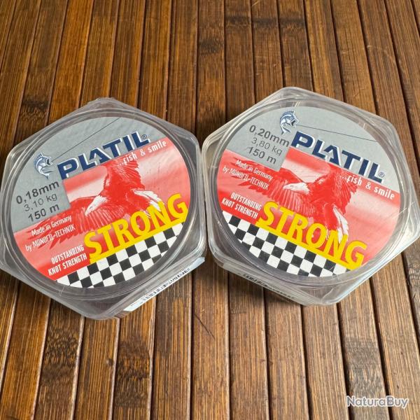 LOT P�CHE DESTOCKAGE 2 BOBINES PLATIL Nylon Platil Strong Brun 150 m�tres 0,18 mm et 0,20 mm