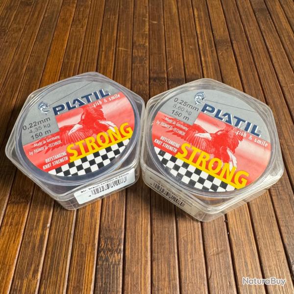 LOT P�CHE DESTOCKAGE 2 BOBINES PLATIL Nylon Platil Strong Brun 150 m�tres 0,22 mm et 0,25 mm