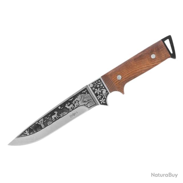 COUTEAU DE CHASSE BSH N-213B FULL TANG - Gravure Cerf Manche Bois 440 Inox