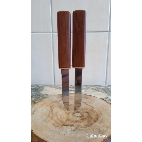 Couteau double lame manche effet bois camping p�che cuisine neuf