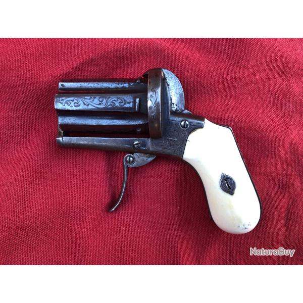 BELLE POIVRIERE DE POCHE ARENDT CAL7MM A BROCHE CROSSE IVOIRE VERS 1860