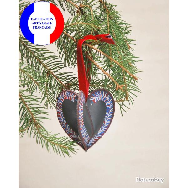 Suspension de No�l en cuir Gris peinte � la main Amour en Cage Bleu Blanc Rouge