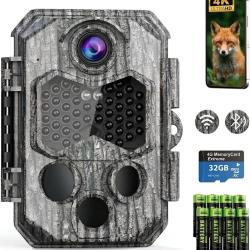 Cam&eacute;ra de Chasse WiFi Bluetooth 60MP 4K Double Objectif Vision Nocturne Vid&eacute;os + 8 Piles AA SD 32GO
