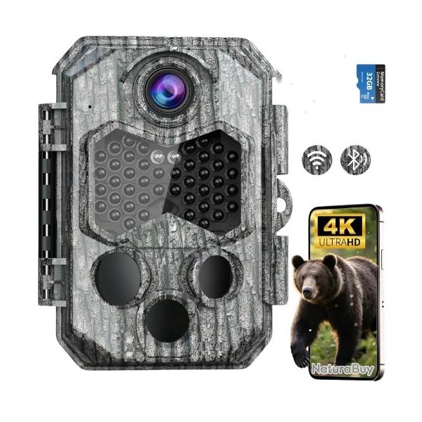 Cam�ra de Chasse WiFi Bluetooth 60MP 4K Double Objectif Vision Nocturne Vid�os + 8 Piles AA SD 32GO