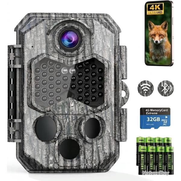 Cam�ra de Chasse WiFi Bluetooth 60MP 4K Double Objectif Vision Nocturne Vid�os + 8 Piles AA SD 32GO