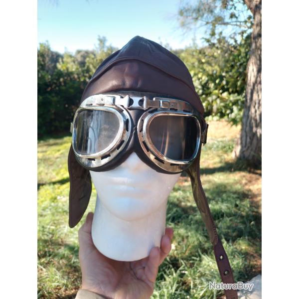 CASQUE BONNET OU SERRE TETE PILOTE OU MOTARD CUIR ET LUNETTES