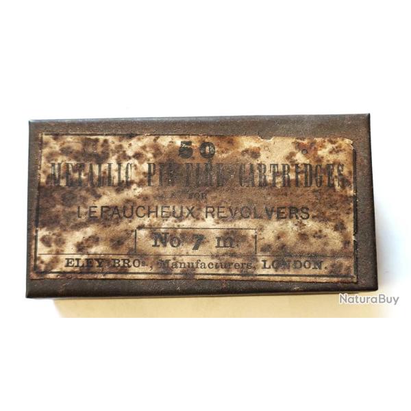 BOITE METALLIQUE DE 50 CARTOUCHES MUNTIONS CALIBRE 7MM A BROCHE MARQUE ELEY BROs LONDON XIX Royaume