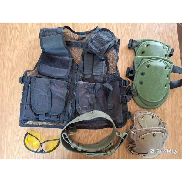 Lot �quipement airsoft : Gilet / Genouill�res/Coudi�res / Ceinturon/ lunette