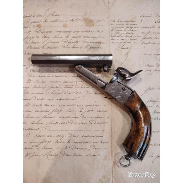 Joli pistolet juxtapos 9mm broche,queue de dtente escamotable vers 1850 parfait fonctionnement