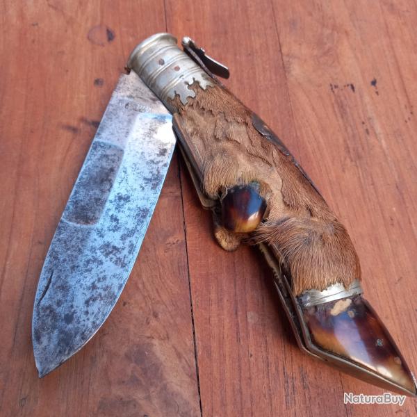 Ancien Gros et Solide Couteau de Chasse ESPAGNOL ZAFRILLA  ALBACETE Manche en Patte de Chevreuil