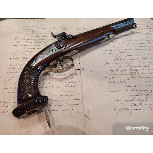 Superbe pistolet  percussion d'officier en excellent tat vers 1840 avec rserve d'armorces