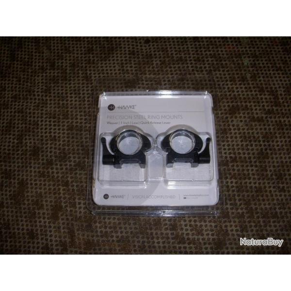 paire de collier amovible a levier HAWKE srie PRECISION STEEL RING MOUNT de 30 mm hauteur : LOW