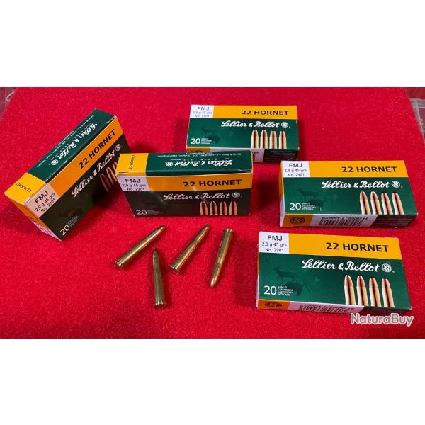 100 MUNITIONS SELLIER ET BELLOT, CAL : 22 HORNET, 45 grs, 2,9 g, FMJ.
