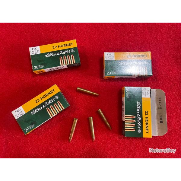 80 MUNITIONS SELLIER ET BELLOT, CAL : 22 HORNET, 45 grs, 2,9 g, FMJ.
