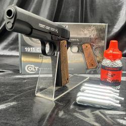 Pack pr&ecirc;t &agrave; tirer PISTOLET "COLT 1911 CLASSIC" - CO2 - CAL BB/4.5MM - BLACK WOOD