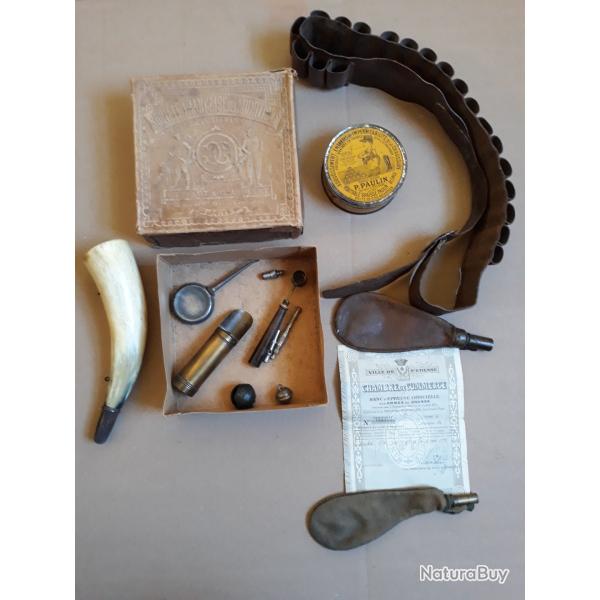 lots collection chasse ancienne boite vide de munitions avec facture d epoque+corne et divers objets