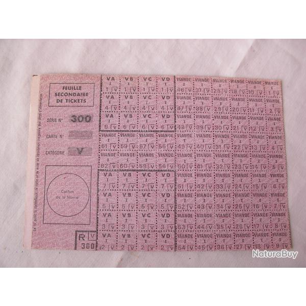 WW2/POST FRANCE TICKET RATIONNEMENT FRANCAIS FEUILLE SECONDAIRE S�RIE 300 CAT�GORIE V PRIX POUR 1