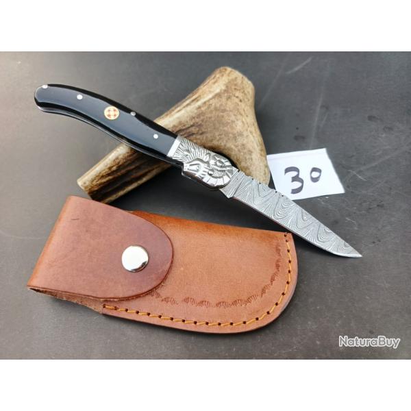couteau de poche pliant laguiole Fait  Main Lame Acier Damas Manche corne de Buffle 30