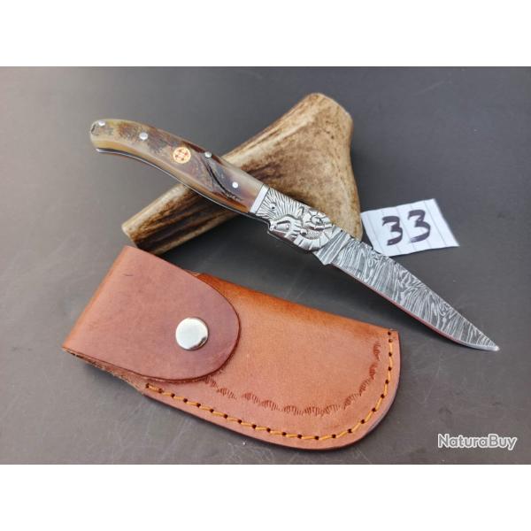 couteau de poche pliant laguiole Fait  Main Lame Acier Damas Manche corne de Belier 33