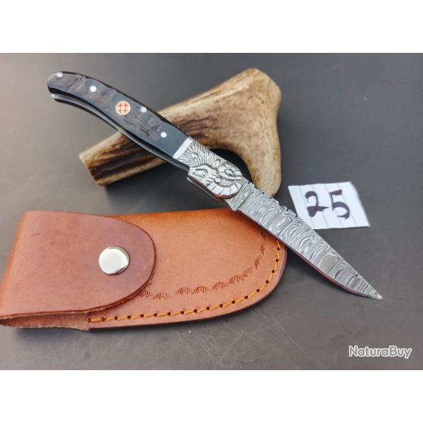 couteau de poche pliant laguiole Fait  Main Lame Acier Damas Manche corne de Belier 25