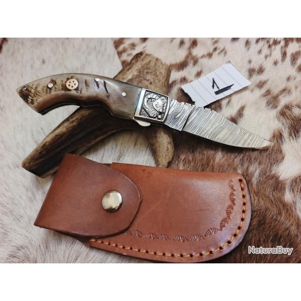 couteau de poche pliant  Fait  Main Lame Acier Damas Manche corne de Belier 1