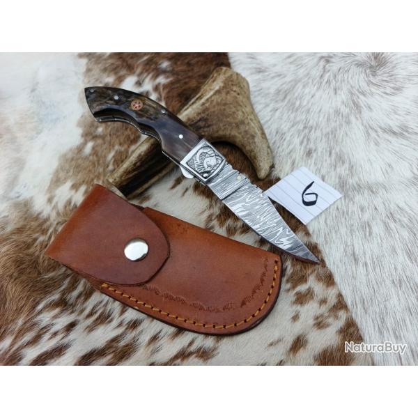 couteau de poche pliant  Fait  Main Lame Acier Damas Manche en Corne de Blier 06