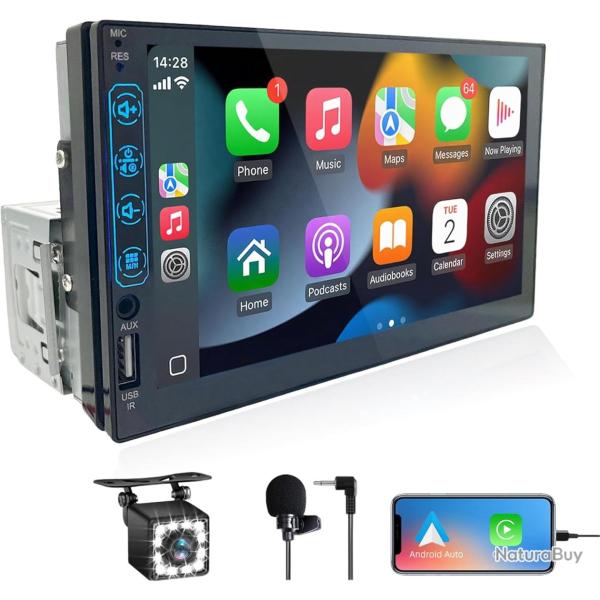Autoradio 1 DIN avec Carplay et Android Auto - �cran Tactile HD 7 Pouces - Autoradio Bluetooth CarPl