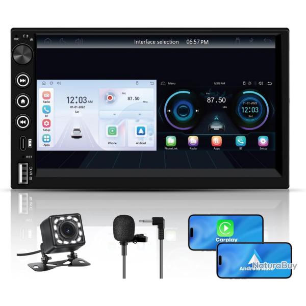 Autoradio 2DIN Bluetooth avec CarPlay & Android Auto, 7 Pouces �cran Tactile HD, Bouton Rotatif, USB