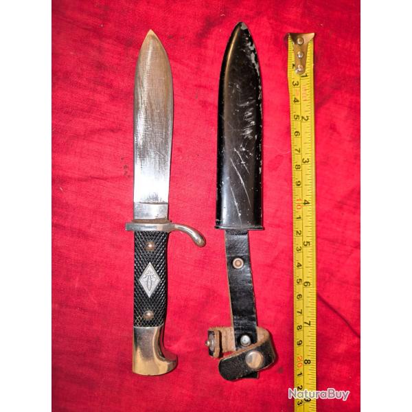 Canif couteau scout avec son fourreau peint noir, support cuir marqu� Germany. Diamant fleur de lys