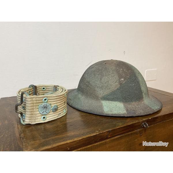 WW1 Casque US M17 camoufl de production anglaise + Ceinturon amricaine M1910