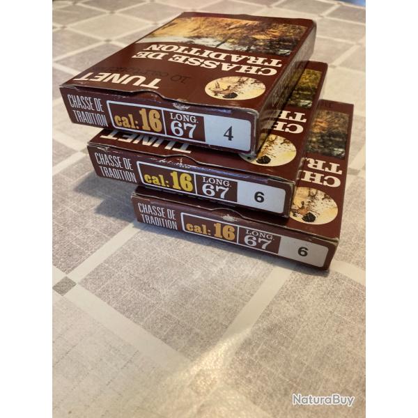 Vends lot de 3 botes de cartouches Tunet Chasse de tradition calibre 16/67 plomb n4 et n6