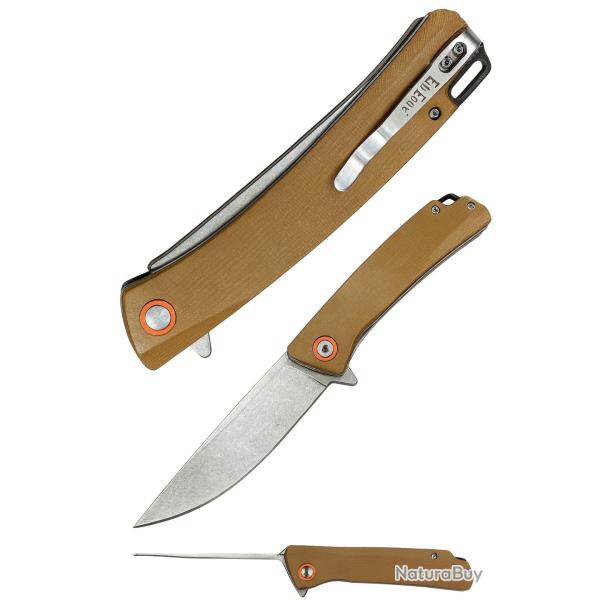 Couteau ElitEdge Lame Acier D2 Manche Micarta Tan Linerlock Clip EE10B013OR