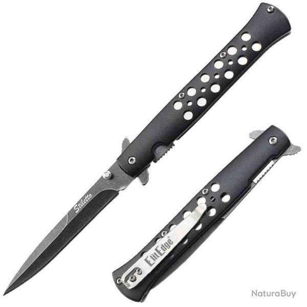 Couteau Stiletto ElitEdge A/O Lame Acier Inox Manche Aluminium Noir Liner Lock EE10A128BK