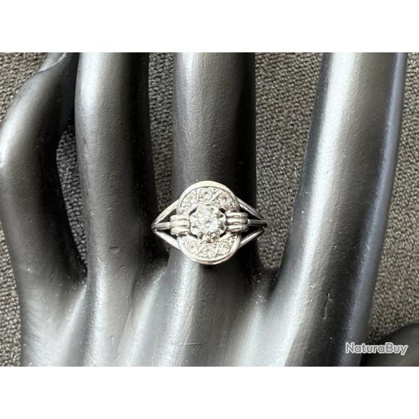 Bague ancienne en or blanc massif 18 carats - diamant - taille 55