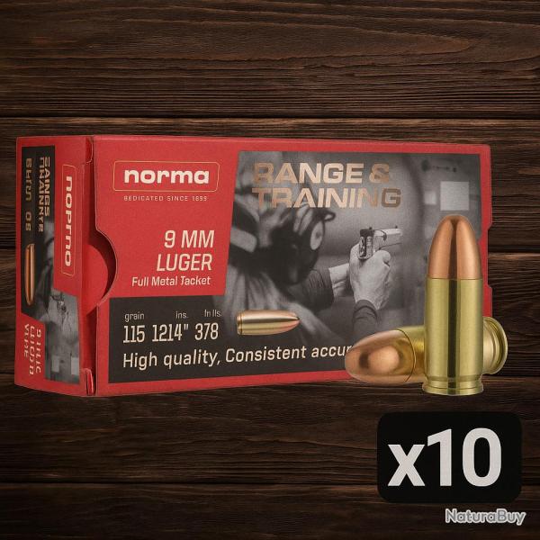 Wahoo Poing/Cat.B ! - Munitions NORMA 9MM LUGER 7.45g 115gr range & training FMJ x10 boites