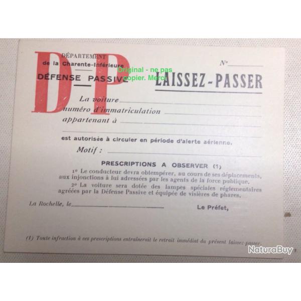 FRANCE 2GM - CARTE VEHICULE DEFENSE PASSIVE Etat Franais 1944 PERIODE OCCUPATION  ( AUTHENTIQUE)