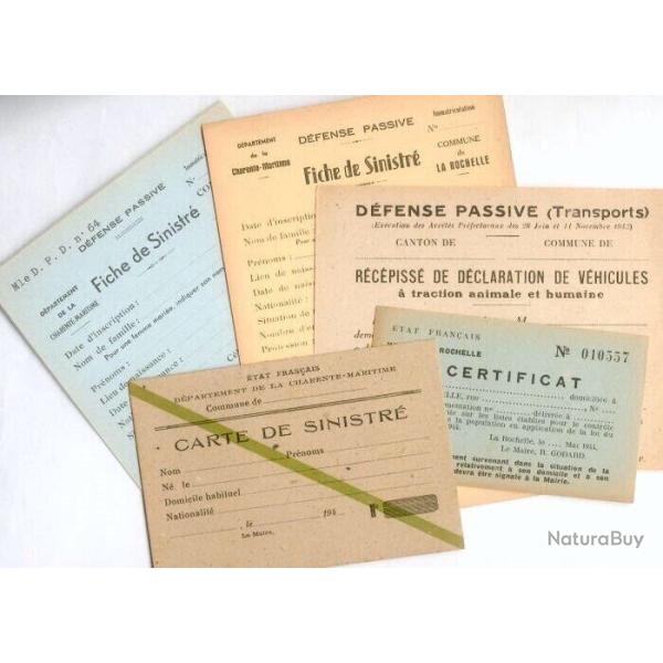 FRANCE - LOT DE 5 CARTES DE LA DEFENSE PASSIVE Etat Franais 1944 PERIODE OCCUPATION ( AUTHENTIQUES)