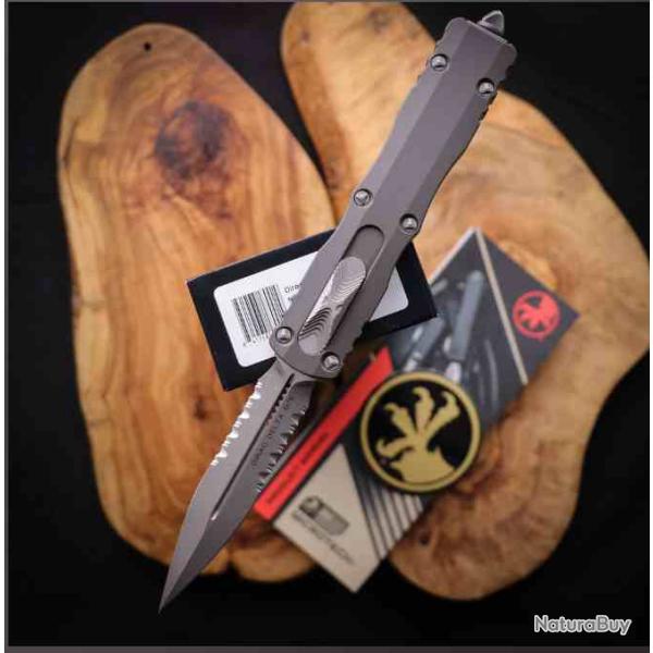 Couteau OTF Microtech Dirac D/E Apocalyptic Part Serrate Acier Bohler M390 Manche Alu USA MCT22511AP