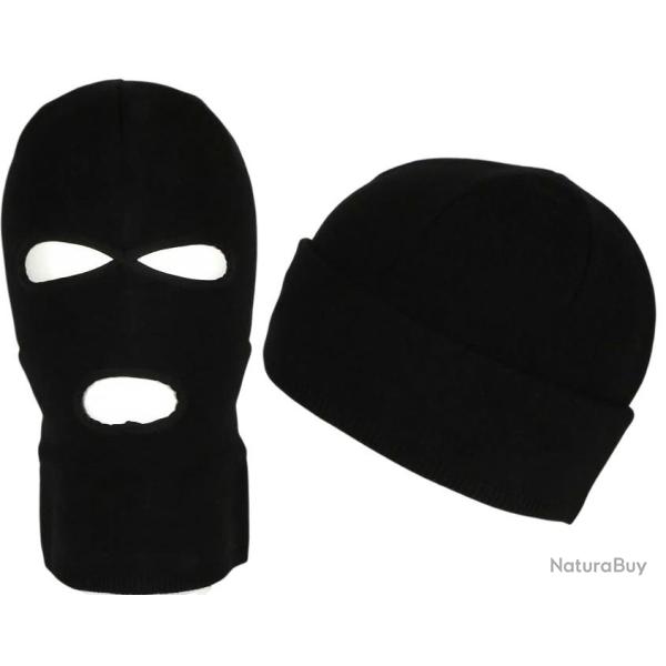 Bonnet Cagoule Noire Trois Trous en Laine Douce et Chaude Ryder Taille unique Noir
