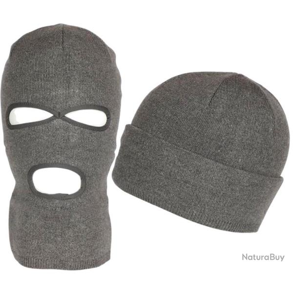 Bonnet Cagoule Grise Trois Trous en Laine Douce et Chaude Ryder Taille unique Gris